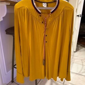 Anthro Akemi + Kin Mustard Henley Tassel Blouse